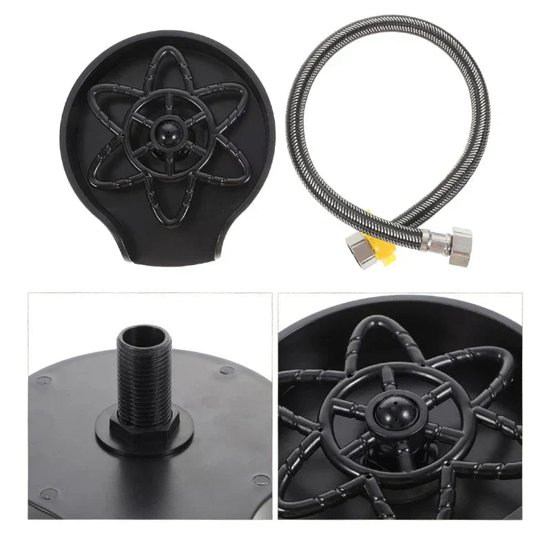 Glass Rinser - Collage showing cup washer spray head top view, supply hose, threaded base, and close-up of spray nozzles
