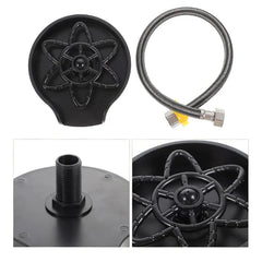 Glass Rinser - Collage showing cup washer spray head top view, supply hose, threaded base, and close-up of spray nozzles