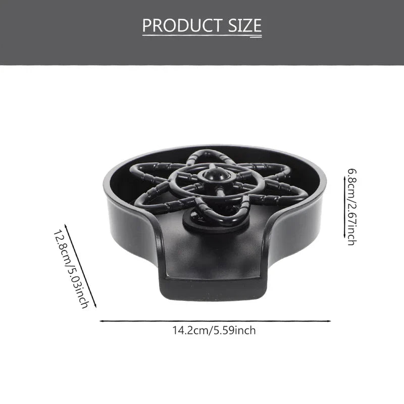 Glass Rinser - Black flower-shaped sink rinser with product size dimensions labeled: 14.2cm wide, 12.8cm deep, 6.8cm tall