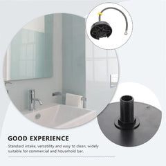 Glass Rinser - Composite image: bathroom sink scene, inset of rinser with flexible hose, close-up of threaded bottom inlet, text 'GOOD EXPERIENCE'