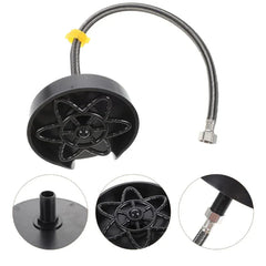 Glass Rinser - Black round sprinkler head with flower-shaped spray nozzle, flexible braided hose, yellow hose clip, and three close-up detail insets