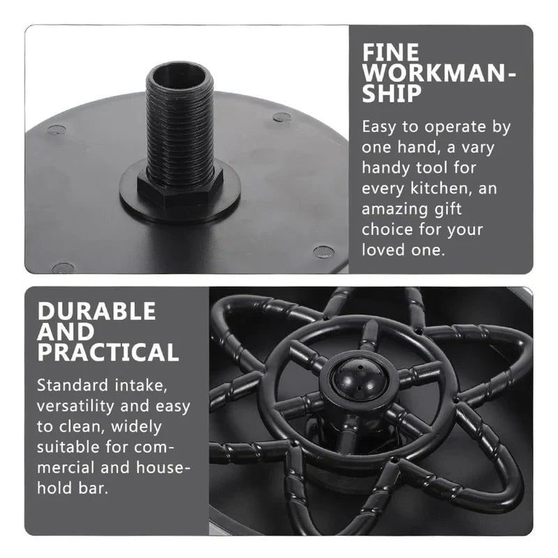 Glass Rinser - Two product detail sections: top shows threaded mounting stem on black disc, bottom shows close-up of flower-shaped spray nozzle head