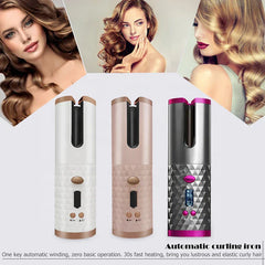 Automatic Hair Curler - Three cordless automatic curling irons in white, rose gold, and gray-purple, with three women modeling curly hairstyles above them