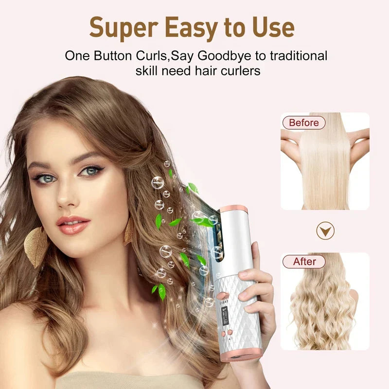 Automatic Hair Curler - Woman using a white rose gold cordless hair curler, with before straight and after wavy hair comparison panels on a light pink background