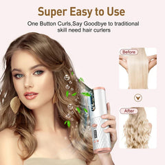 Automatic Hair Curler - Woman using a white rose gold cordless hair curler, with before straight and after wavy hair comparison panels on a light pink background