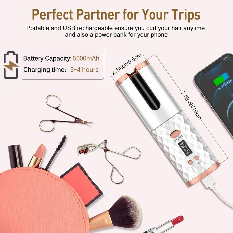 Automatic Hair Curler - White rose gold cordless hair curler with size labels, placed with makeup tools, a charging phone, and battery info text on light pink