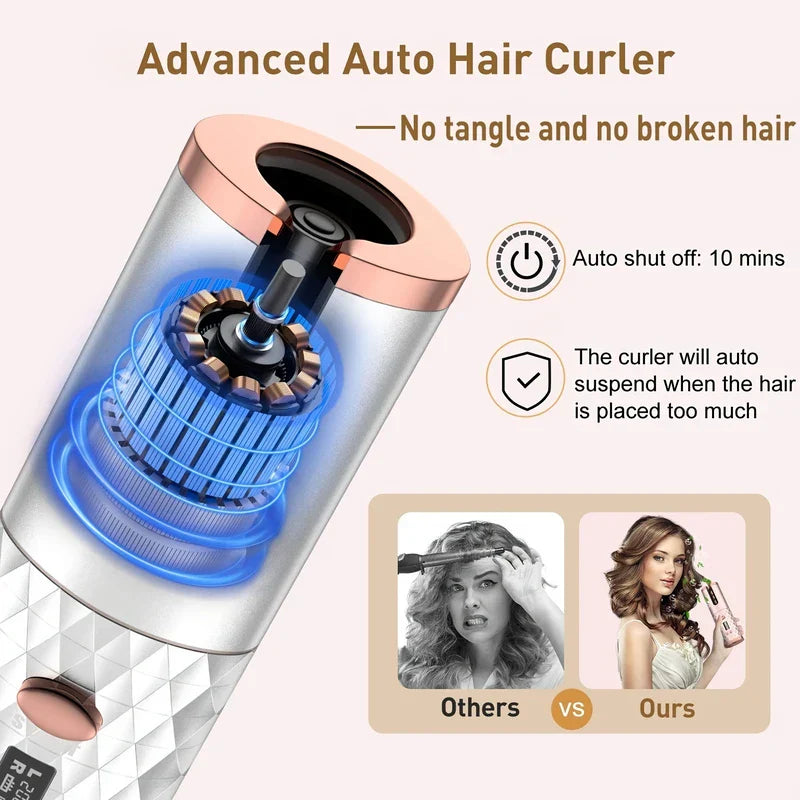 Automatic Hair Curler - Cutaway view of a white rose gold auto hair curler showing internal heating structure, with safety feature text and product comparison panels