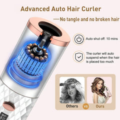 Automatic Hair Curler - Cutaway view of a white rose gold auto hair curler showing internal heating structure, with safety feature text and product comparison panels