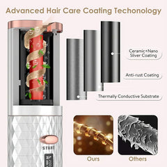 Rizador de cabello automático: diagrama de sección transversal del cilindro del rizador, desglose de las tres capas del cilindro y comparación entre cabello rizado y cabello dañado
