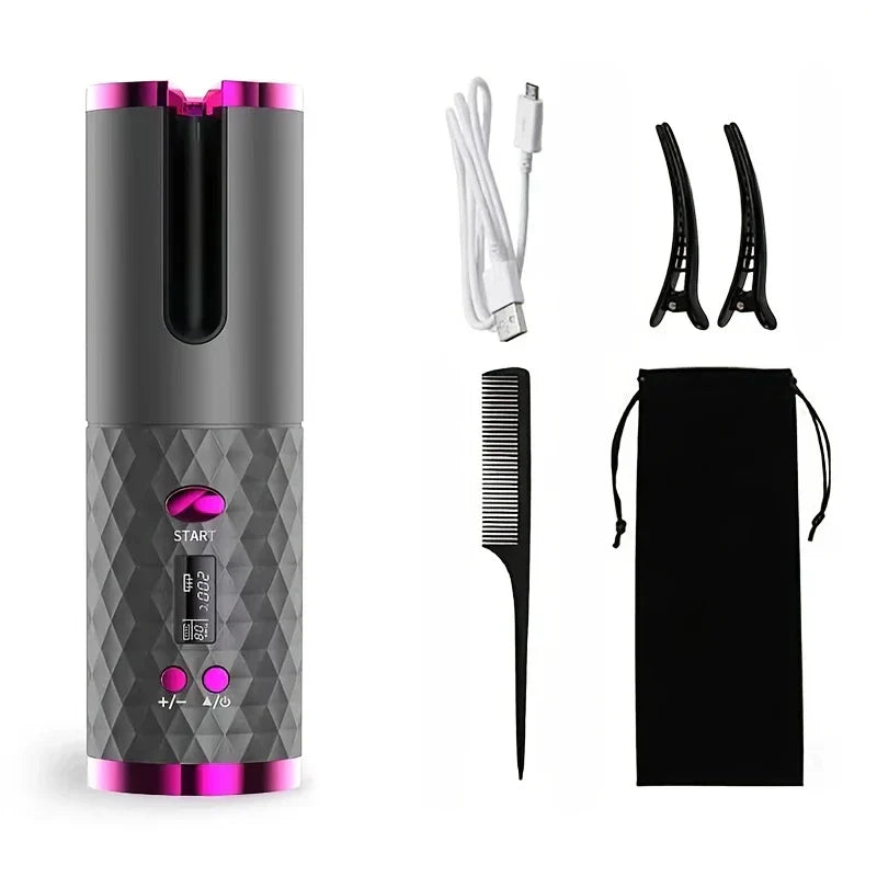 Automatic Hair Curler - Gray-purple cordless curling iron displayed with a USB cable, two hair clips, a comb, and a black drawstring bag
