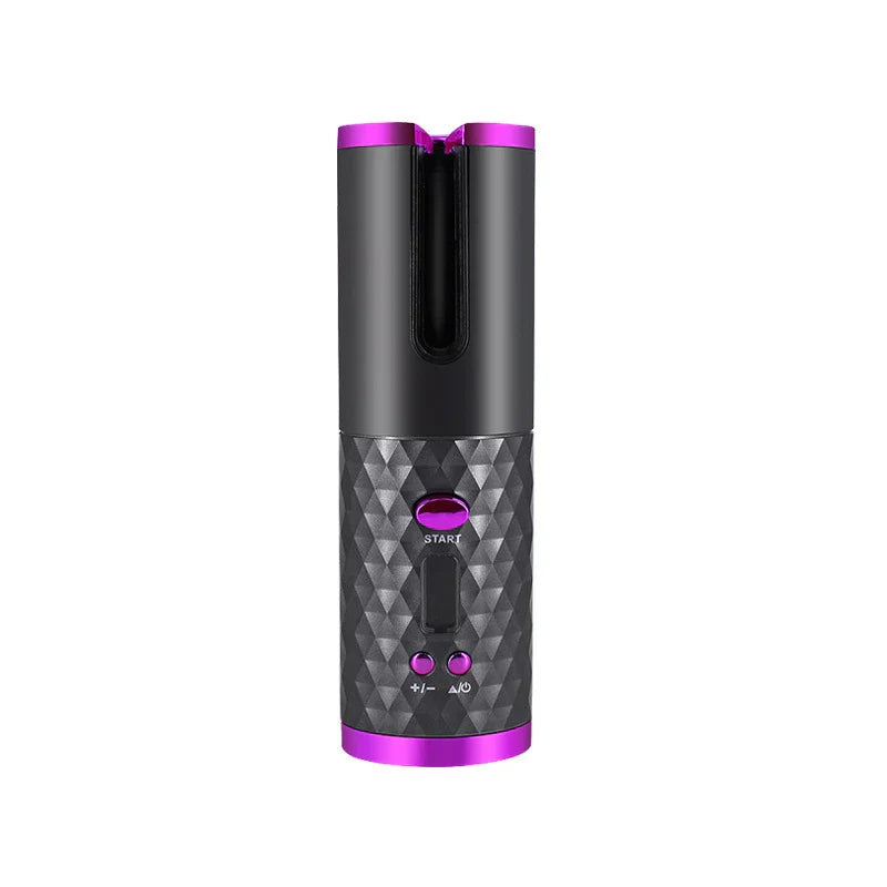 Rizador de cabello automático: rizador inalámbrico negro y púrpura con agarre texturizado, botón de inicio y dos botones de control