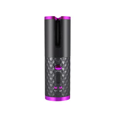 Rizador de cabello automático: rizador inalámbrico negro y púrpura con agarre texturizado, botón de inicio y dos botones de control