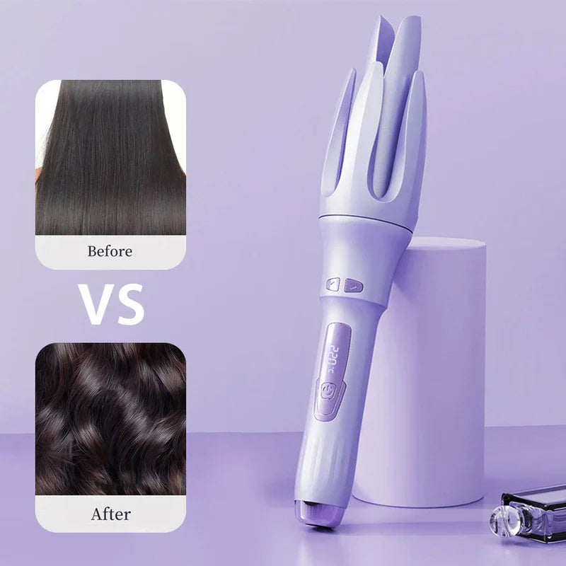 Automatic Hair Curler Wand - Light purple auto curling iron beside before-and-after hair images: straight hair vs wavy curled hair