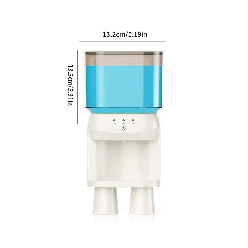 Mouthwash dispenser with blue tank and white base, showing 13.2cm width and 13.5cm height dimensions