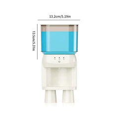 Mouthwash dispenser with blue tank and white base, showing 13.2cm width and 13.5cm height dimensions