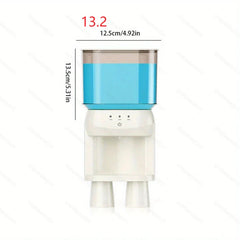 White and blue mouthwash dispenser with a translucent upper tank, front view, showing width and height dimension labels.