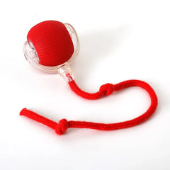 Automatic Moving Kitten Teaser Toy Vehicle - red ribbed ball toy with attached red rope and clear plastic casing on white background