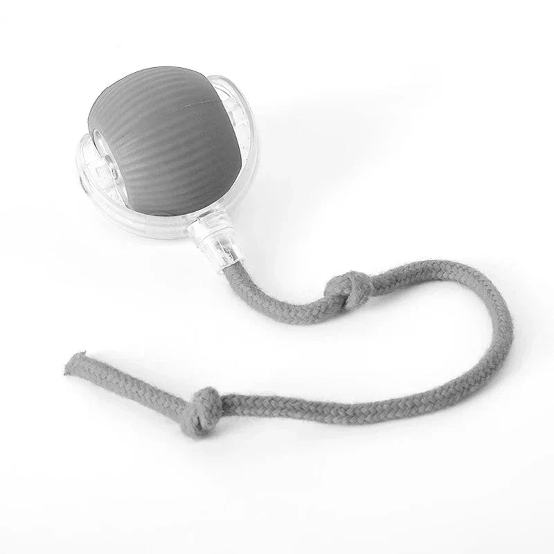 Automatic Moving Kitten Teaser Toy Vehicle - Gray wrist power ball with textured grip, clear plastic casing, and braided gray lanyard with two knots on white background