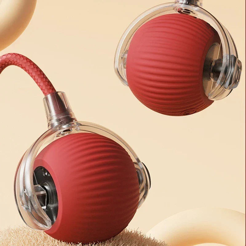 Automatic Moving Kitten Teaser Toy Vehicle - two red ribbed rolling ball toys with clear wheel frames and braided red cord