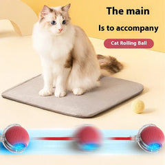 Automatic Moving Kitten Teaser Toy Vehicle - ragdoll cat sitting on gray mat with red rolling cat toy and motion blur demonstration