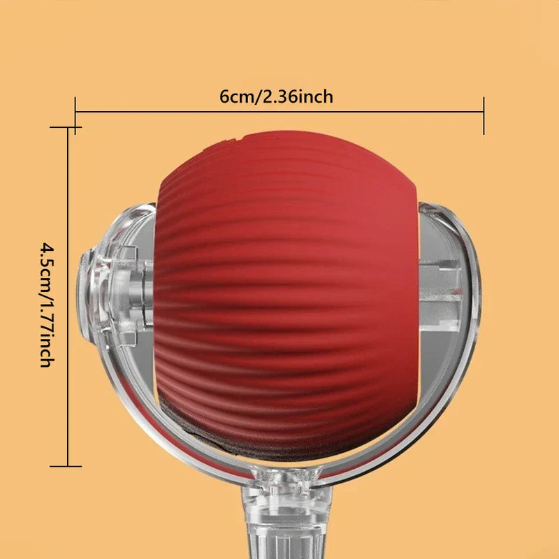 Automatic Moving Kitten Teaser Toy Vehicle - Close-up of a red ribbed ball in a clear plastic frame, with 6cm width and 4.5cm height dimension labels on an orange background.