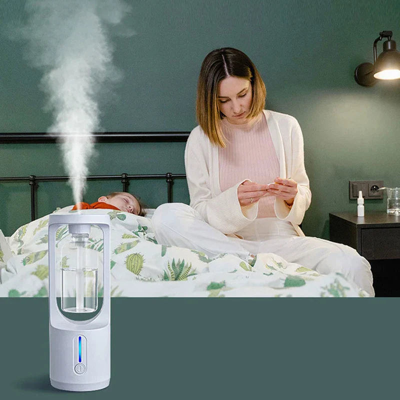 A white humidifier emits mist by a bed with a resting child and seated woman, no paper shredder is visible