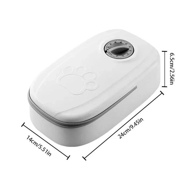 Automatic Pet Feeder - Grayscale oval storage container with paw print, timer dial, and dimension labels: 24cm, 14cm, 6.5cm