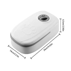 Automatic Pet Feeder - Grayscale oval storage container with paw print, timer dial, and dimension labels: 24cm, 14cm, 6.5cm