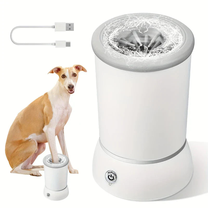 Automatic Pet Paw Cleaner - Paw cleaning device in use with dog, USB charging cable, and water splash inside cup