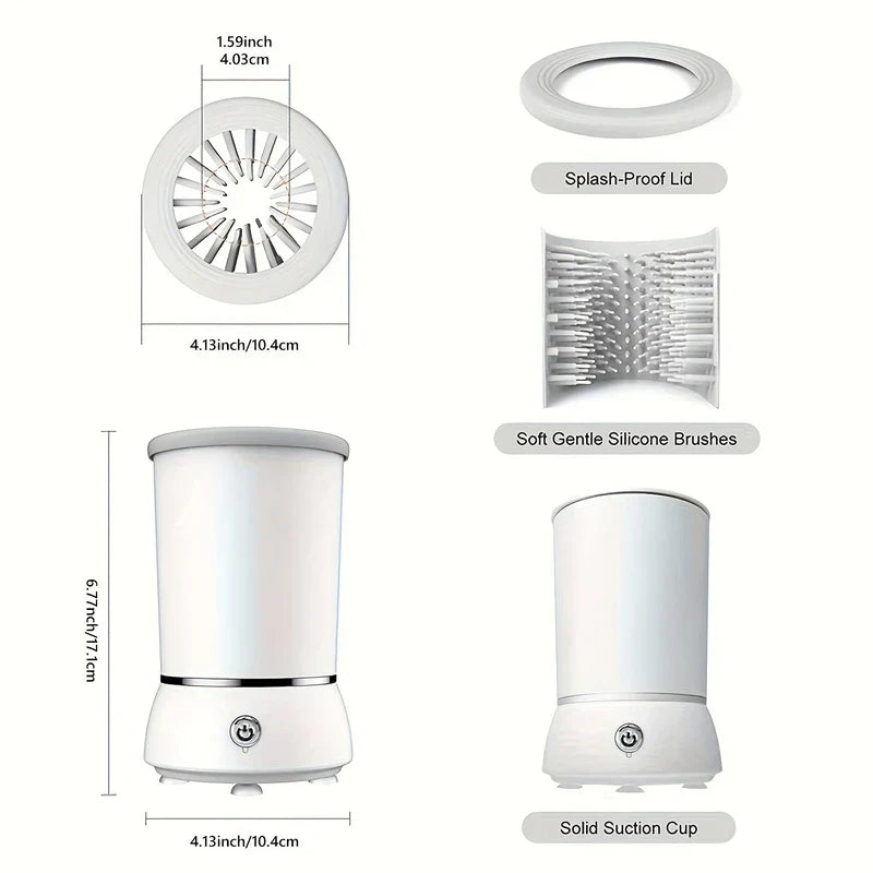 Automatic Pet Paw Cleaner - Diagram showing paw cleaner dimensions, splash-proof lid, silicone brushes, and suction cup base