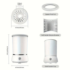 Automatic Pet Paw Cleaner - Diagram showing paw cleaner dimensions, splash-proof lid, silicone brushes, and suction cup base