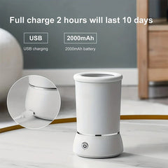 Automatic Pet Paw Cleaner - White automatic pet paw washer on a marble surface, with text about 2-hour full charge lasting 10 days, USB charging, 2000mAh battery, and a close-up of its charging port