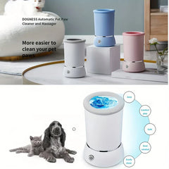 Limpiador automático de patas para mascotas - Arriba: tres lavapatas en blanco, azul y rosa sobre superficies de exhibición; abajo: lavapatas blanco con etiquetas de características, junto a un perro y un gatito