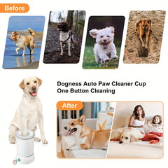 Limpiador automático de patas para mascotas - Comparación de antes y después de perros con patas sucias y patas limpias usando una taza limpiadora de patas automática con un botón