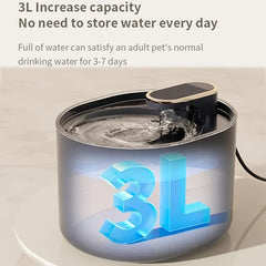 Dark pet water fountain with flowing water, overlaid with a large 3L graphic and text about 3L capacity