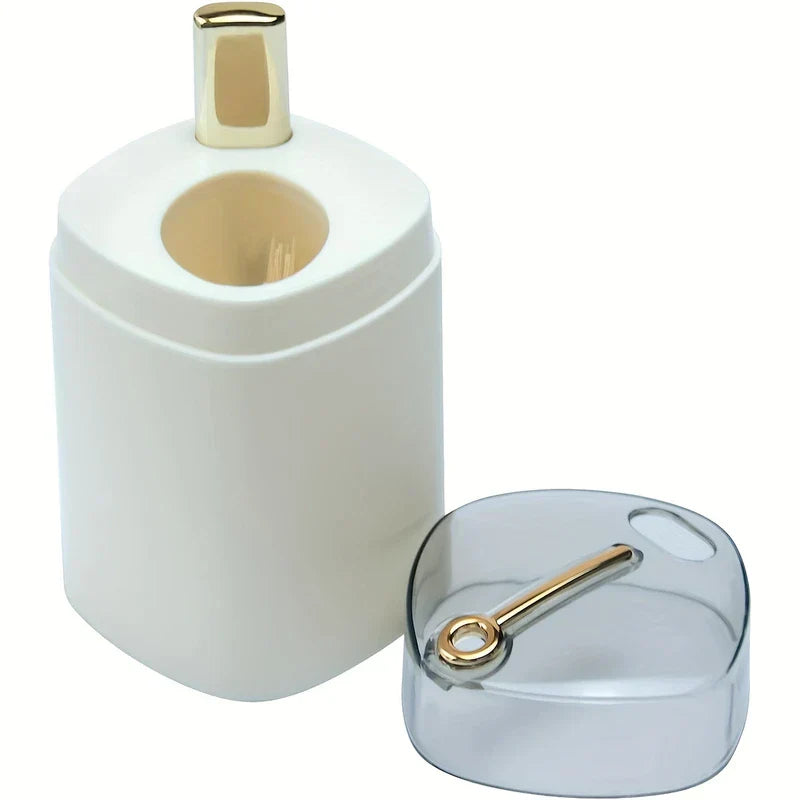 Toothpick Dispenser Holder - Unit with clear lid removed, showing internal toothpick storage compartment and gold press mechanism