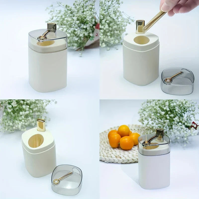 Toothpick Dispenser Holder - Four-panel image showing a white toothpick dispenser, its lid removed, and how it dispenses toothpicks, with floral decor and oranges.