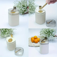 Toothpick Dispenser Holder - Four-panel image showing a white toothpick dispenser, its lid removed, and how it dispenses toothpicks, with floral decor and oranges.