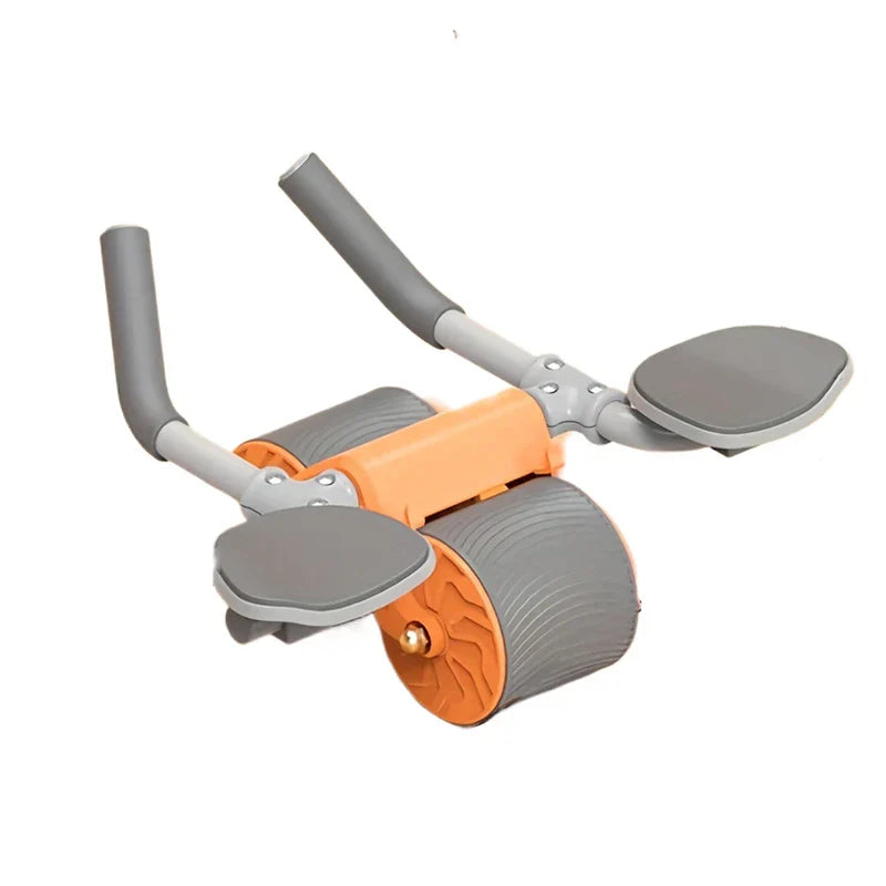 Ab Roller Wheel - Orange and gray dual-wheel automatic rebound exerciser with elbow pads and curved handles, front angle view