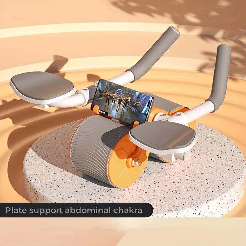 Ab Roller Wheel - Exerciser with phone holder mounted on top, placed on a speckled round platform