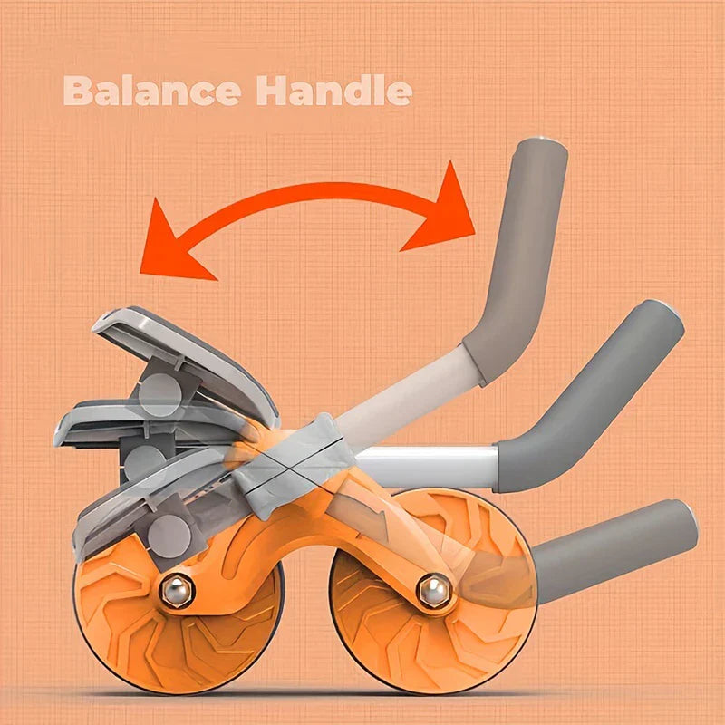 Ab Roller Wheel - Dual-wheel ab roller showing rotating balance handle positions with curved arrows, on peach textured background