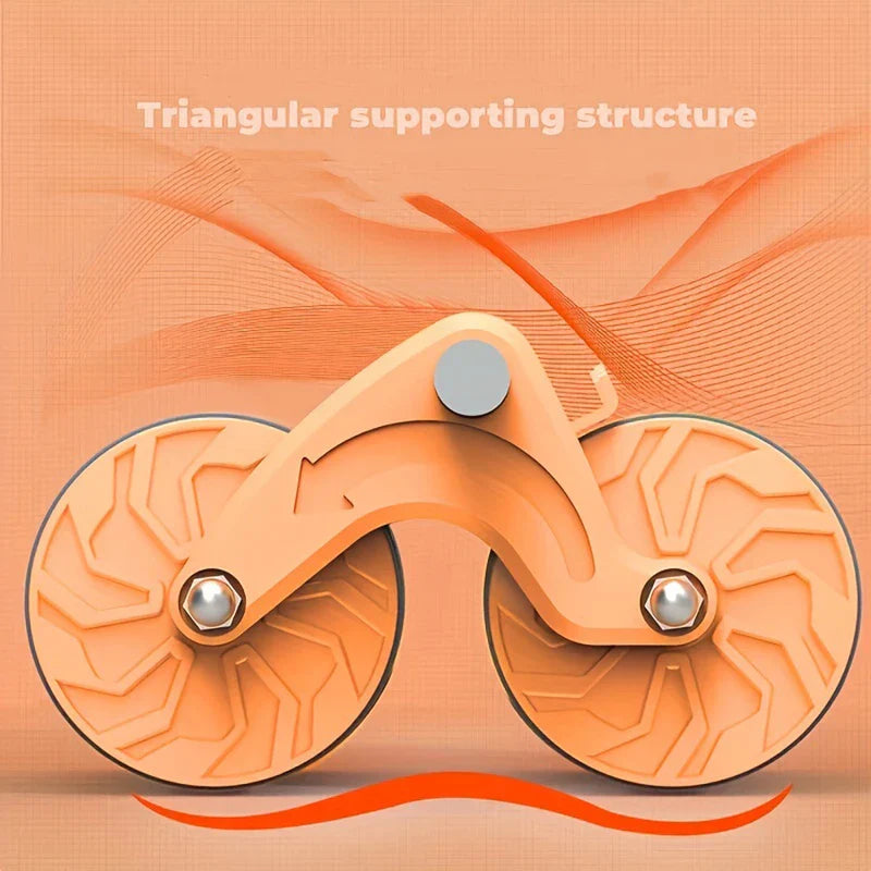Ab Roller Wheel - Dual-wheel ab roller frame showing triangular supporting structure, on peach background with wavy lines
