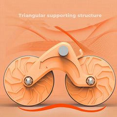 Ab Roller Wheel - Dual-wheel ab roller frame showing triangular supporting structure, on peach background with wavy lines