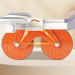 Ab Roller Wheel - Close-up of orange dual-wheel ab roller with white frame, gray elbow pads, and yellow structural highlight lines.