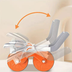 Ab Roller Wheel - Foldable two-wheeled device shown in unfolded and folded positions, with orange wheels and grey-white frame, and curved arrows indicating folding motion