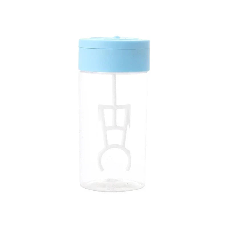 Automatic Mixing Mug - Full view of a clear plastic electric blender cup with a light blue lid and white internal blending stirrer, on a white background
