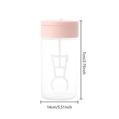 Automatic Mixing Mug - Clear plastic cup with pink lid and internal mixing stirrer, marked with 7cm/2.75inch height and 14cm/5.51inch width dimensions