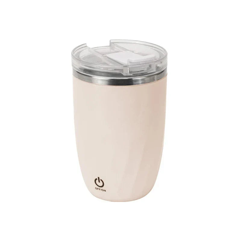 Automatic Mixing Mug Cup - Light pink insulated mug with clear flip lid and power button on lower front