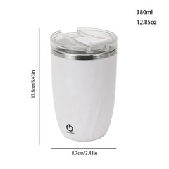 Automatic Mixing Mug Cup - White lidded cup with power button icon, labeled with 380ml/12.85oz capacity and height/width dimension markings