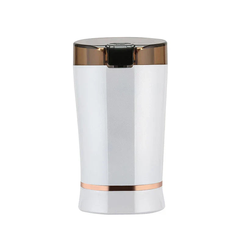 Coffee Grinding Machine - White polygonal trash can with bronze top band, black lid latch, and thin bronze base accent, on white background